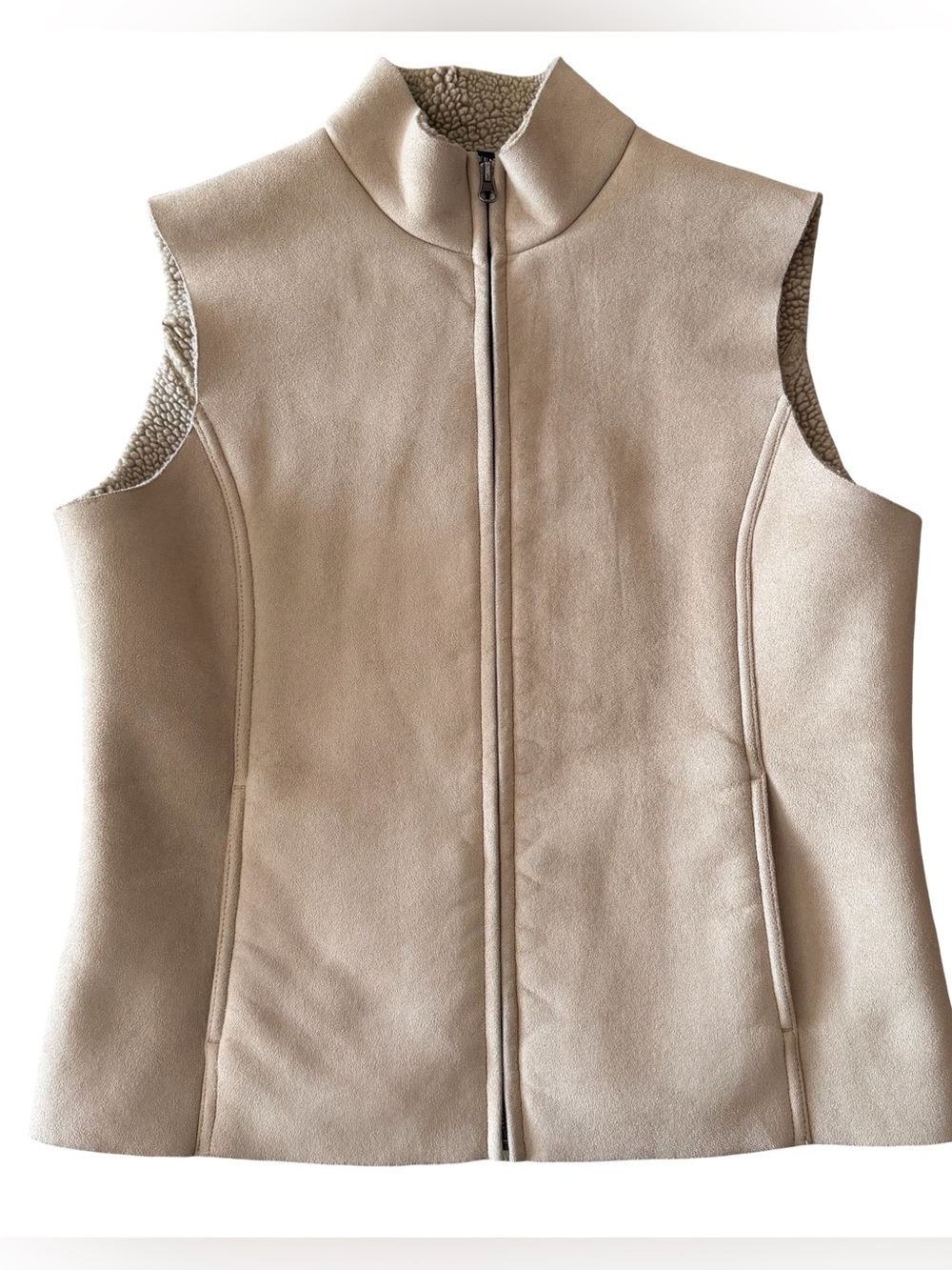 Lands End Women’s Minimalist Faux Suede Vest With Sherpa Lining Tan Size M